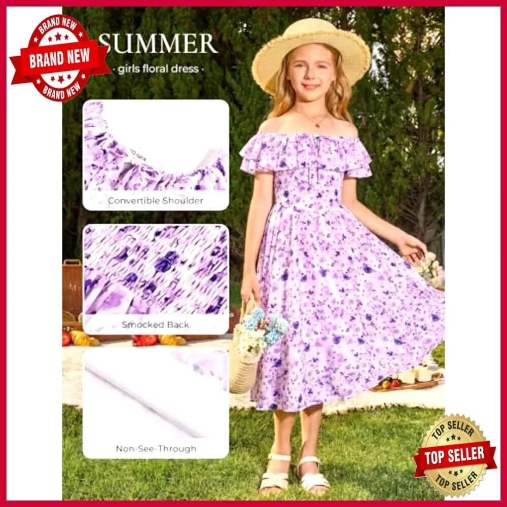 Girls Floral Midi Dress Off Shoulder Ruffle Summer Elegant Dual Wear